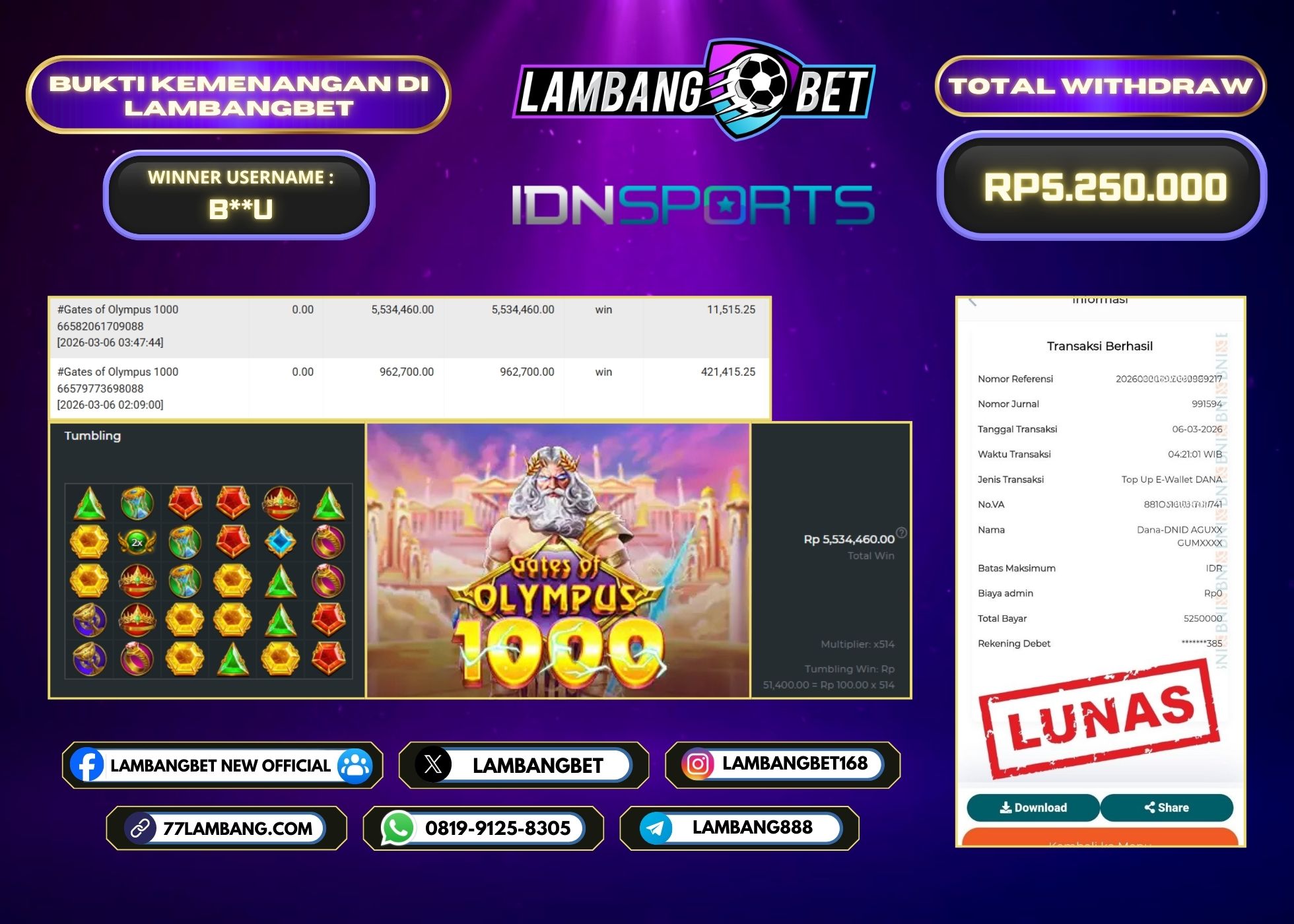LAMBANGBET [6 MARET 2026] JACKPOT SLOT Gates of Olympus 1000 "Rp5.250.000" LUNAS